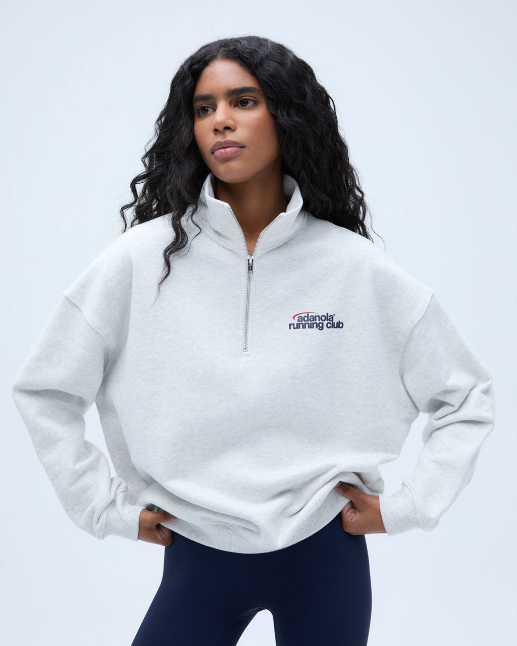 Runners Oversized Funnel Neck Zip Sweatshirt - Light Grey Melange/Classic Red