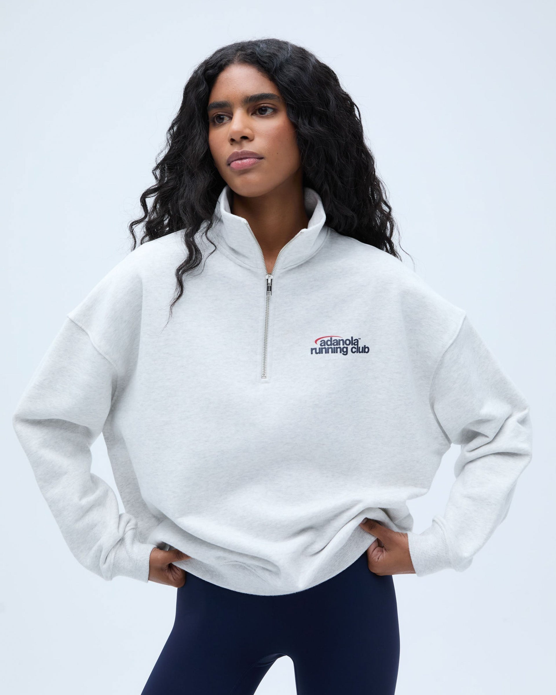 Runners Oversized Funnel Neck Zip Sweatshirt - Light Grey Melange/Classic Red