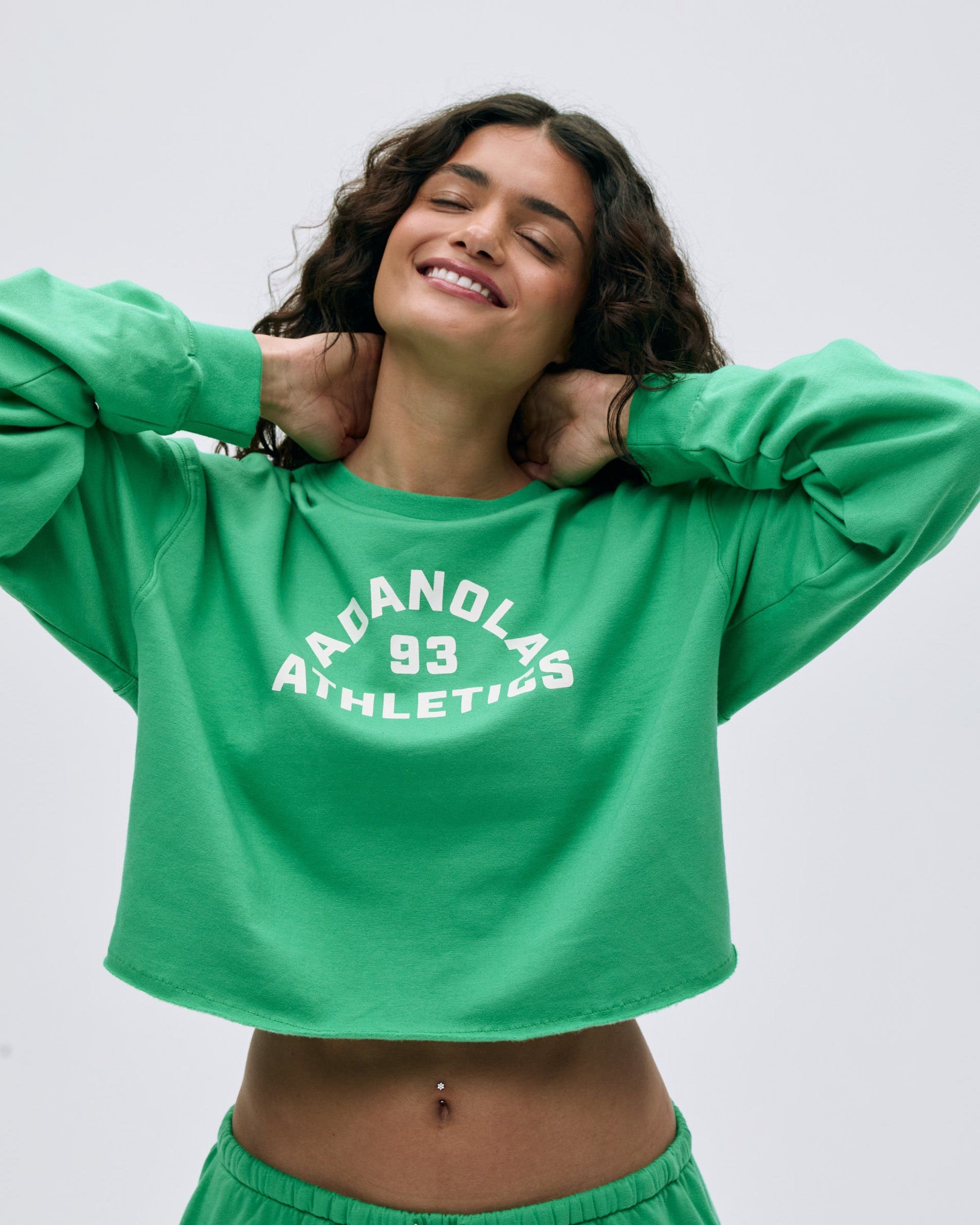 Campus Modal-Blend Crop Sweatshirt - Jade Green/Marshmallow White