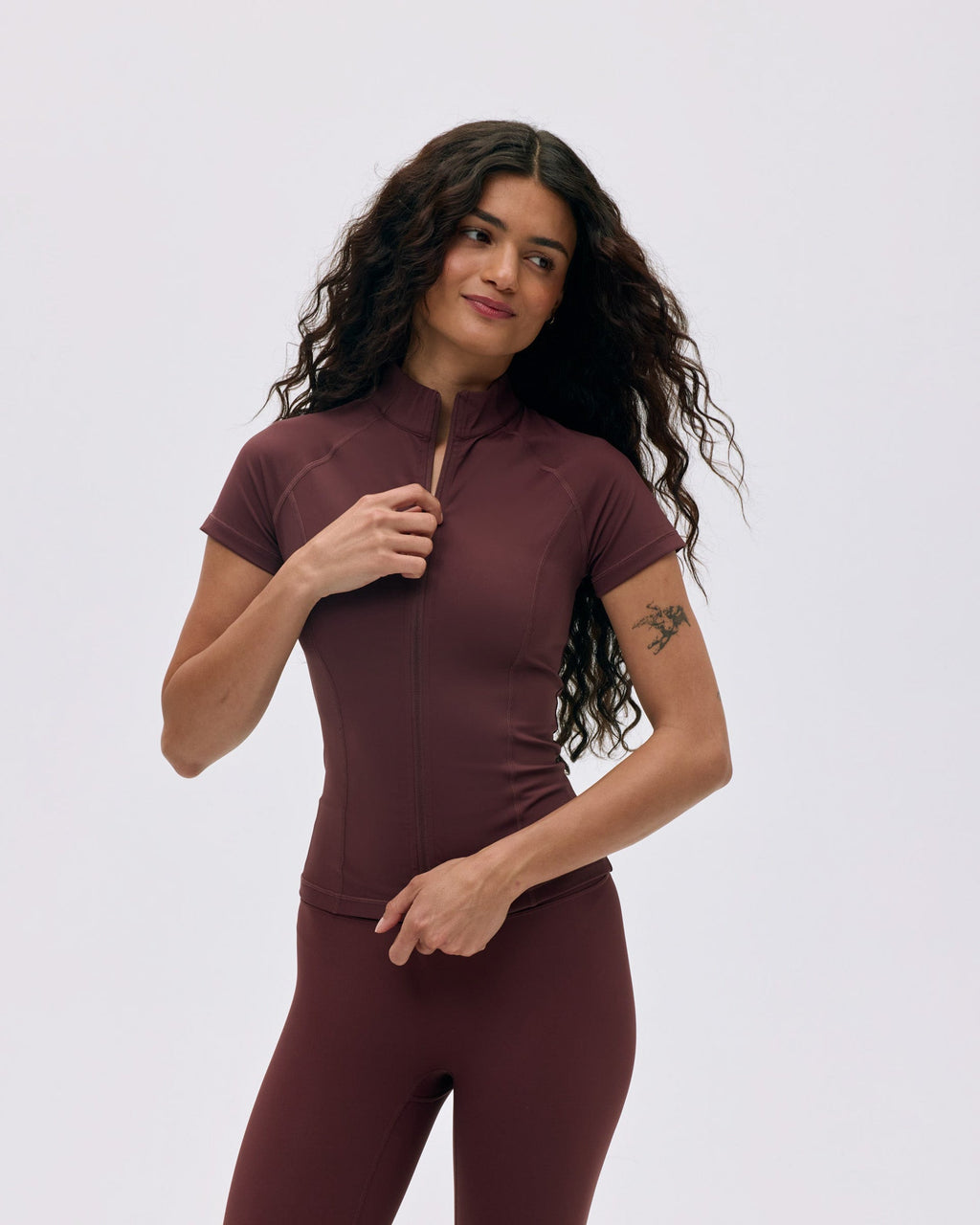 Ultimate Short Sleeve Zip Up Top - Burgundy