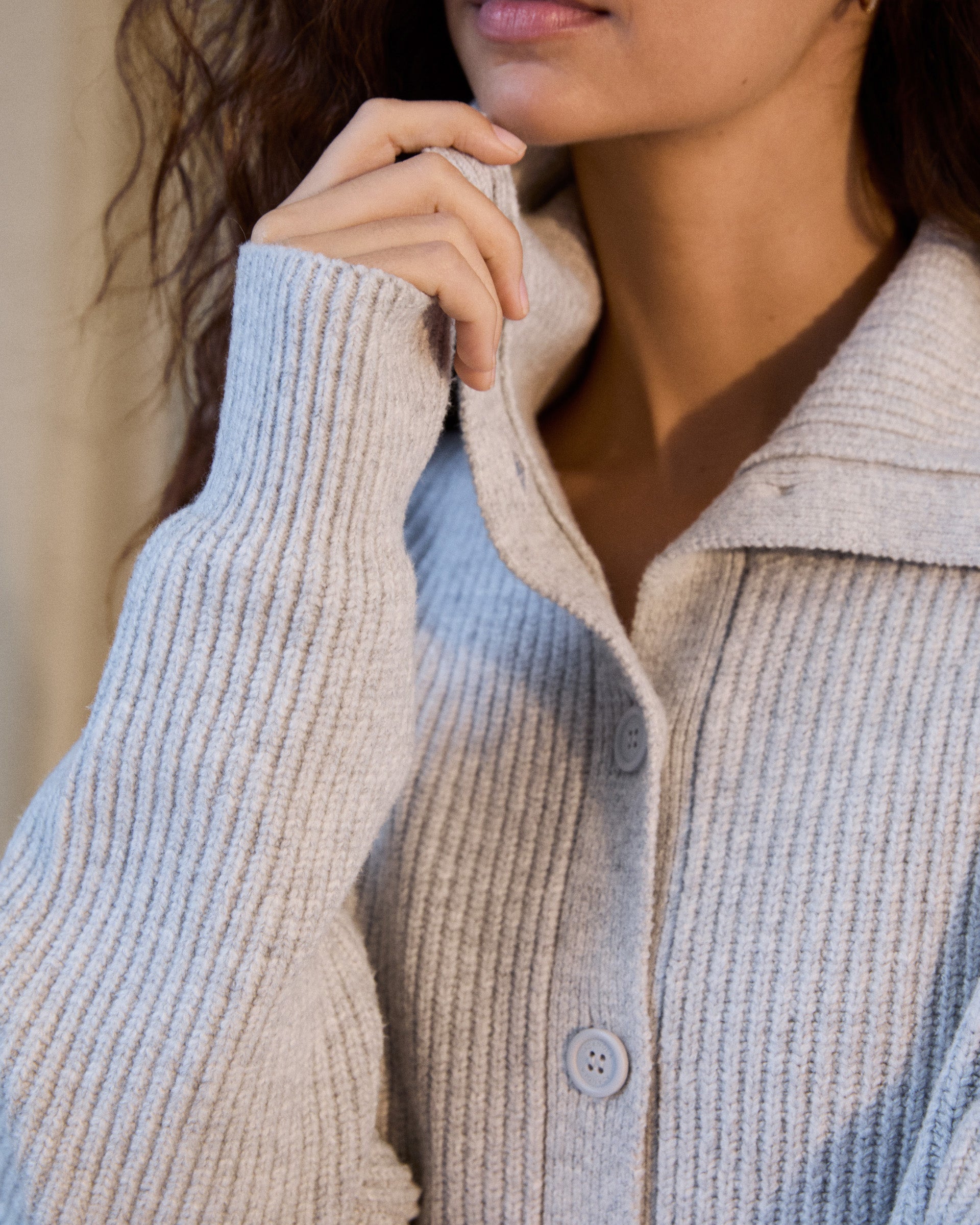 Knit Collar Cardigan - Light Grey Melange