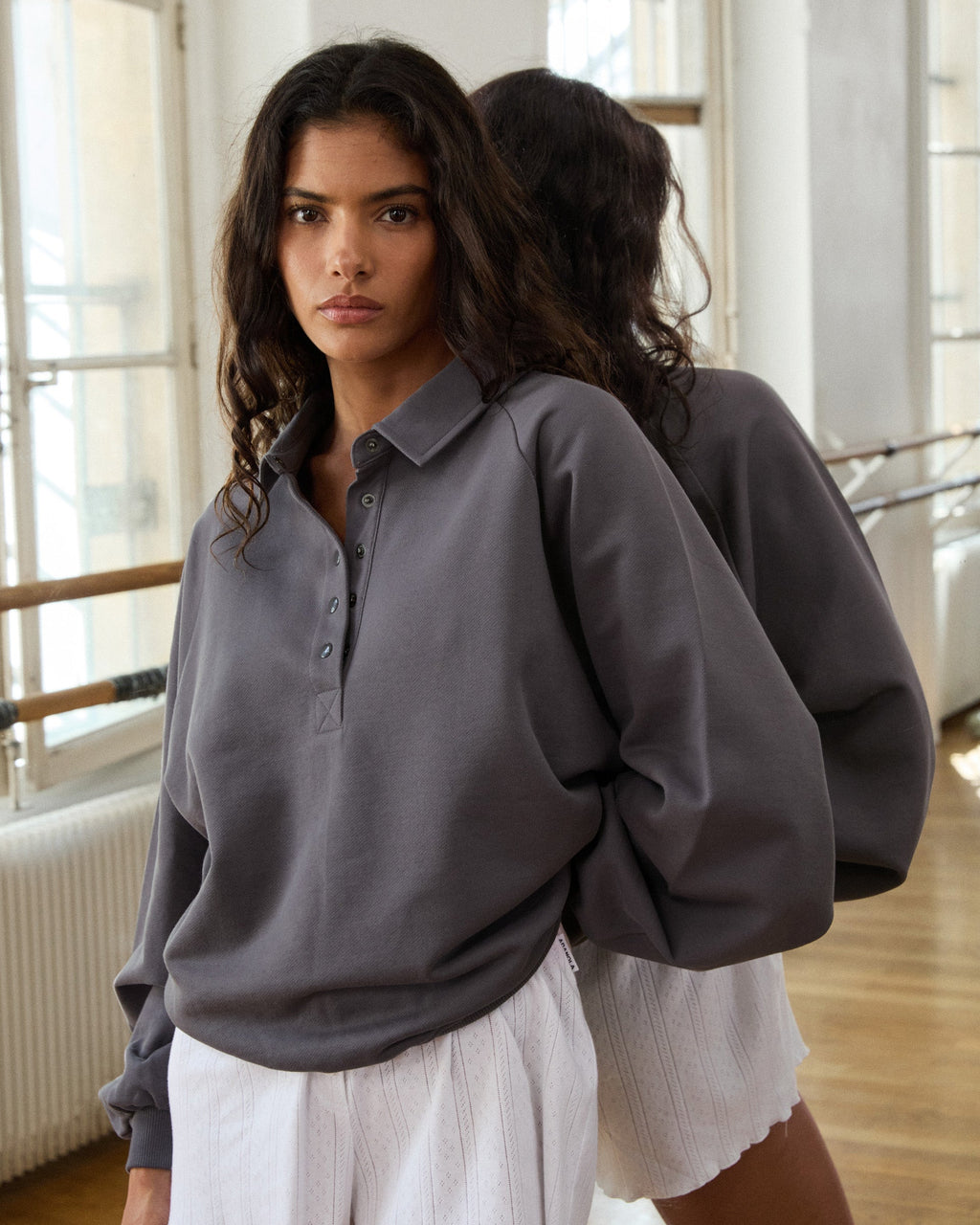 Slouchy Button Up Sweatshirt - Slate Grey