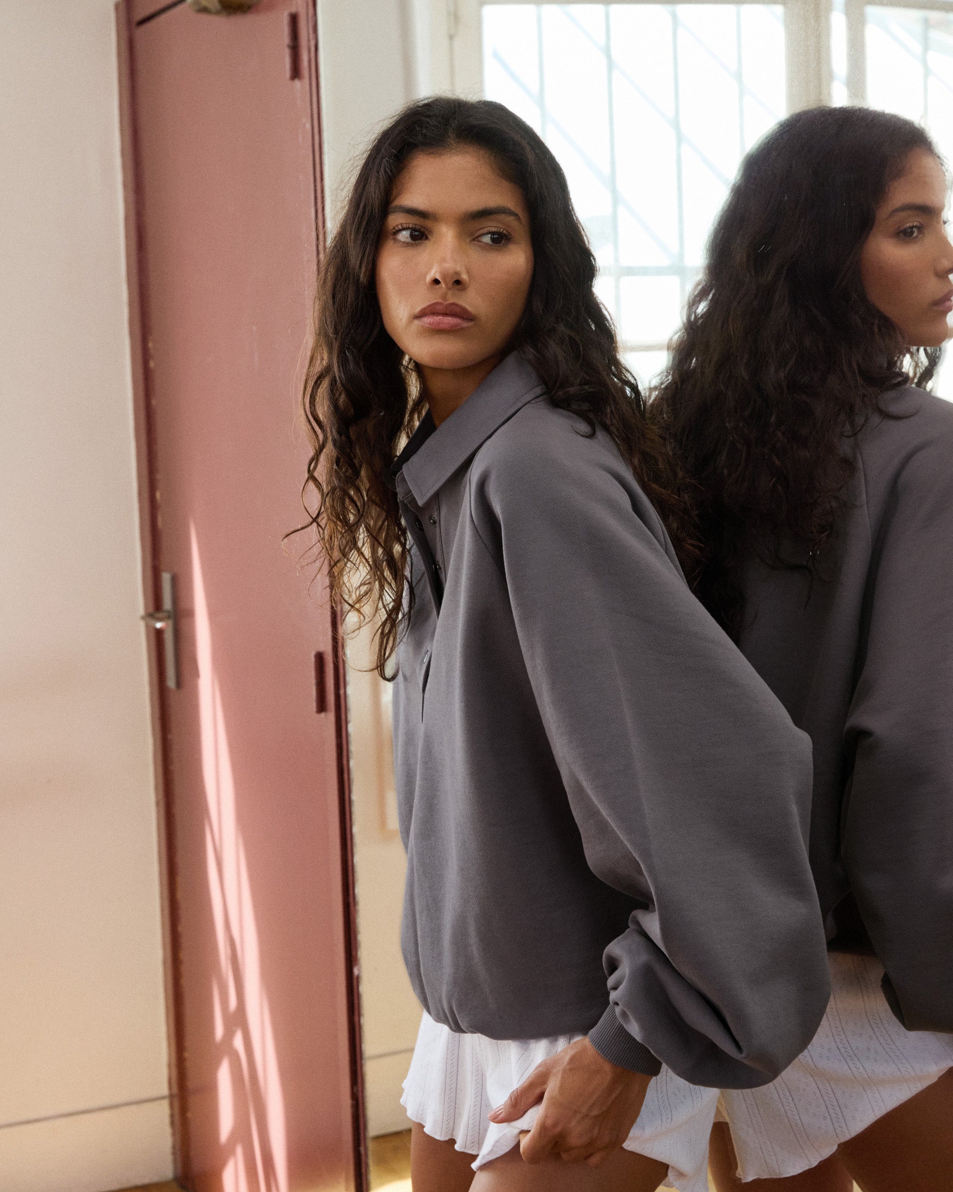 Slouchy Button Up Sweatshirt - Slate Grey