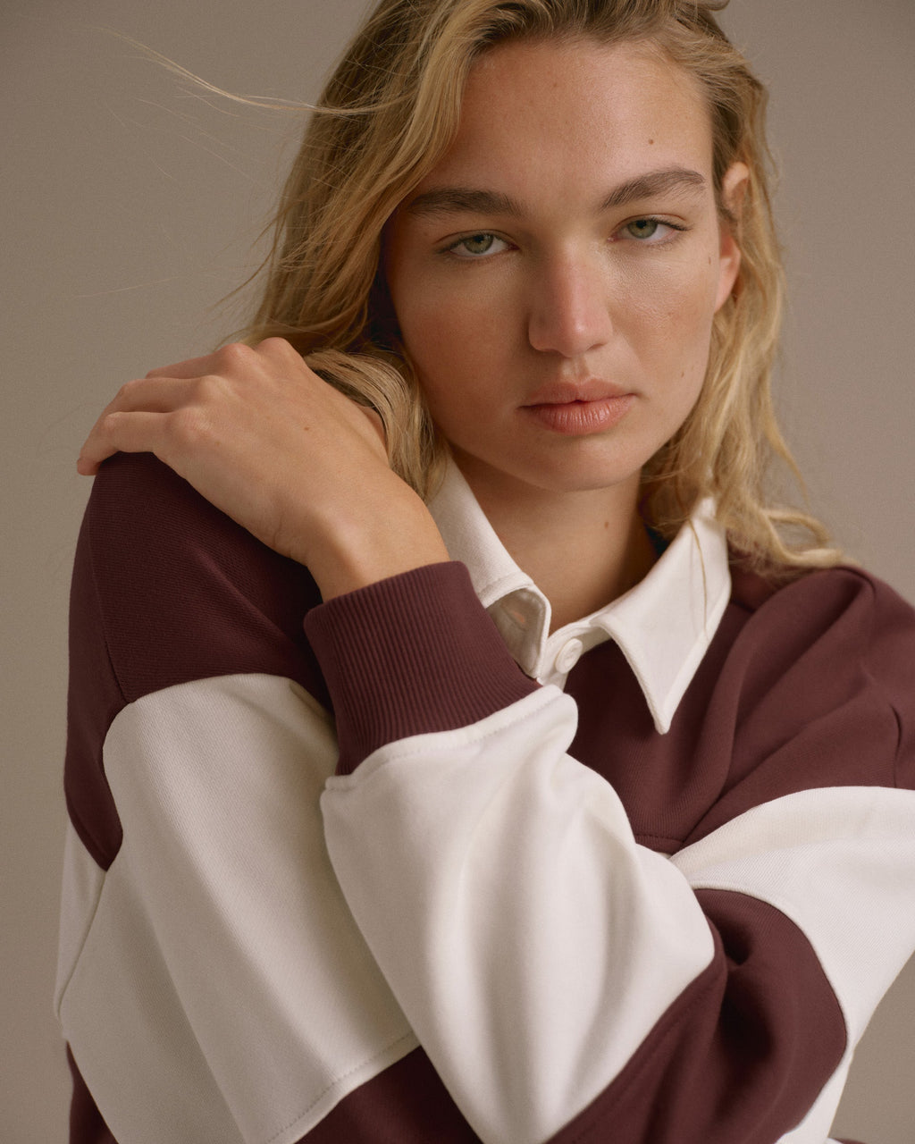 Stripe Oversized Henley Sweatshirt - Burgundy/Marshmallow White