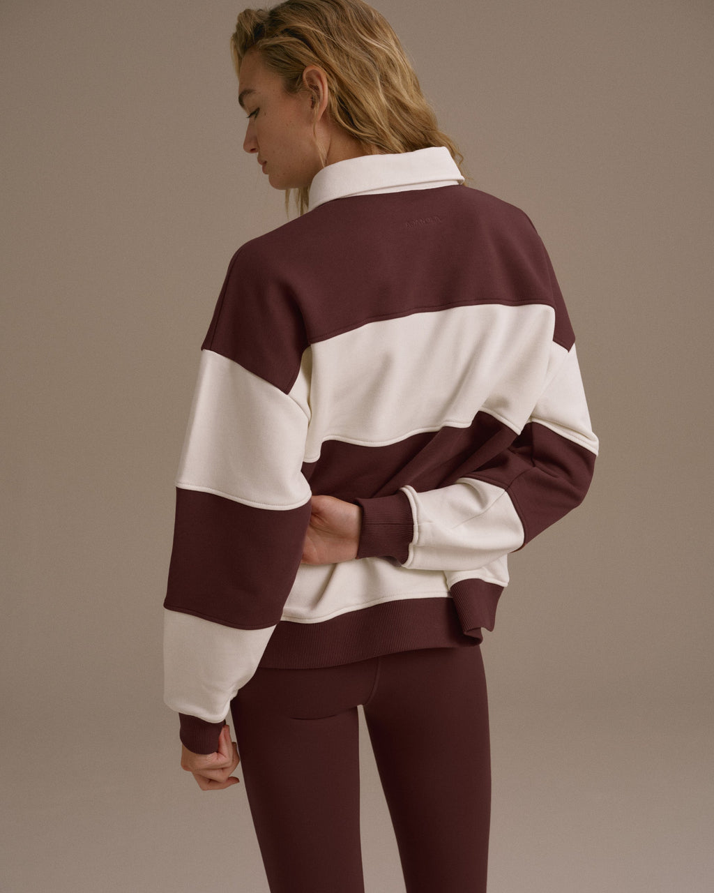 Stripe Oversized Henley Sweatshirt - Burgundy/Marshmallow White