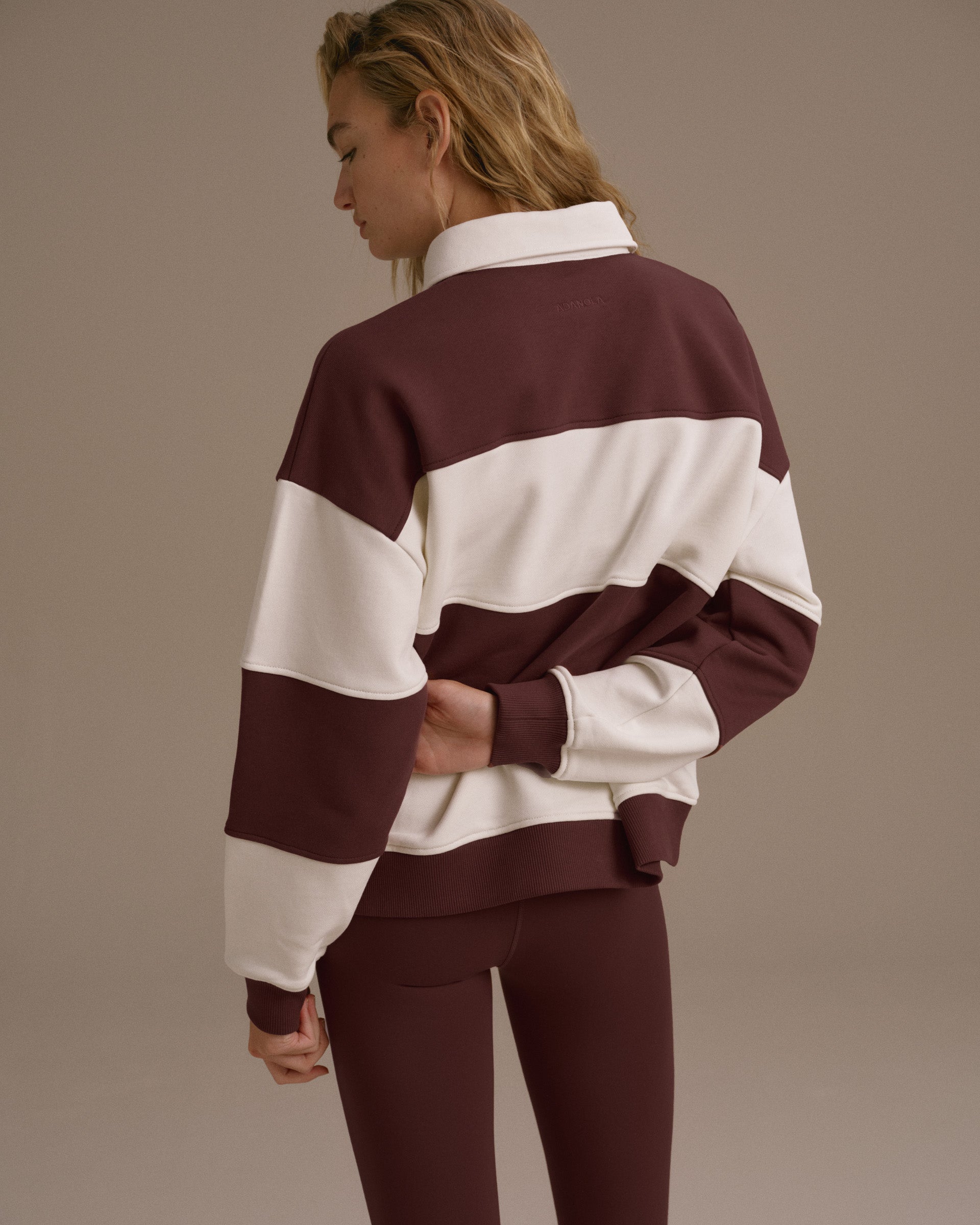 Stripe Oversized Henley Sweatshirt - Burgundy/Marshmallow White