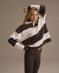 Stripe Oversized Henley Sweatshirt - Coffee Bean/Marshmallow White