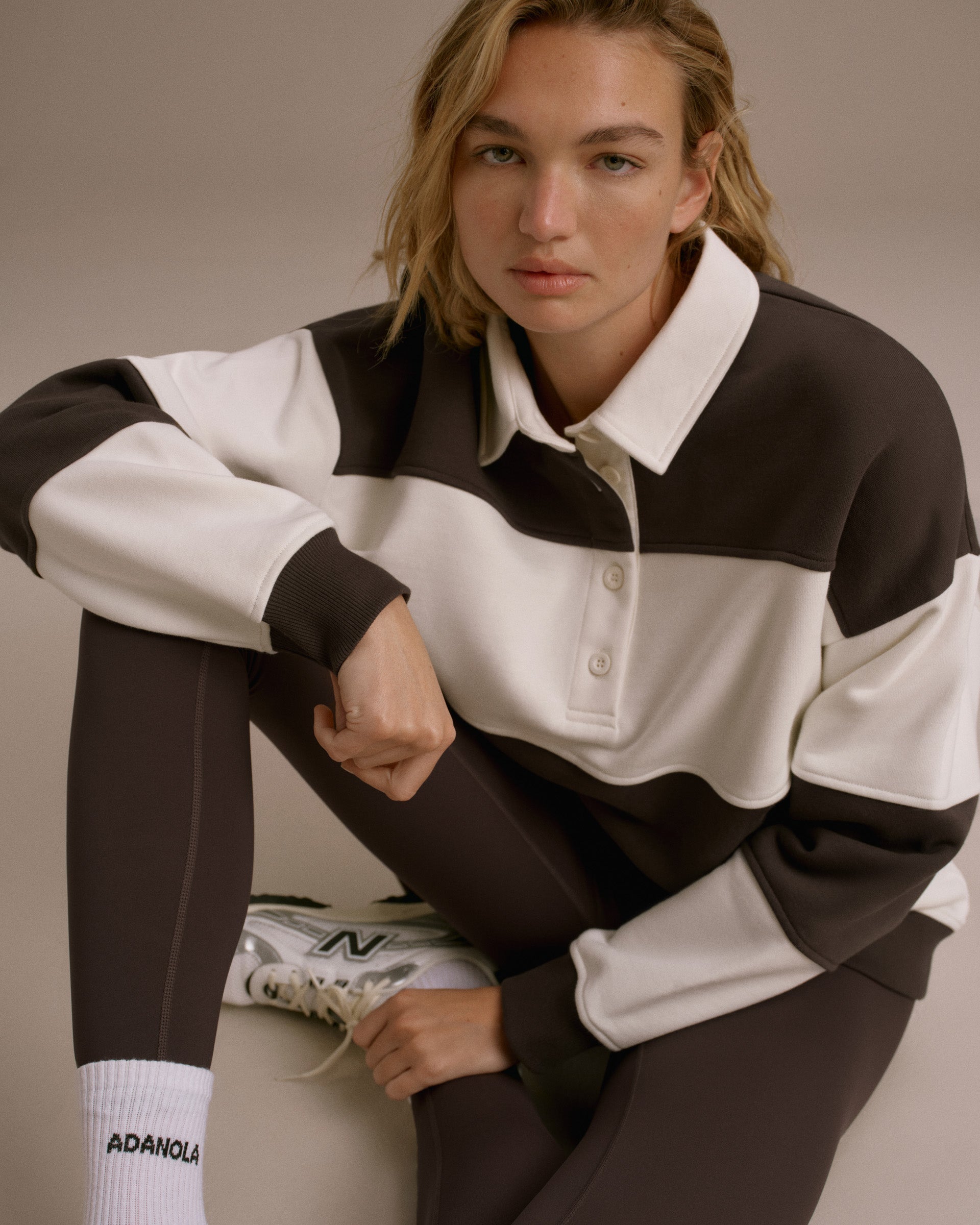 Stripe Oversized Henley Sweatshirt - Coffee Bean/Marshmallow White