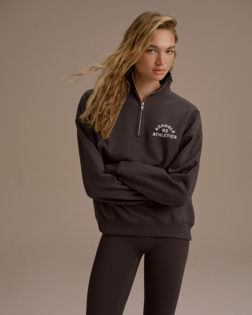 Campus Oversized Funnel Neck Zip Sweatshirt - Coffee Bean/Marshmallow White