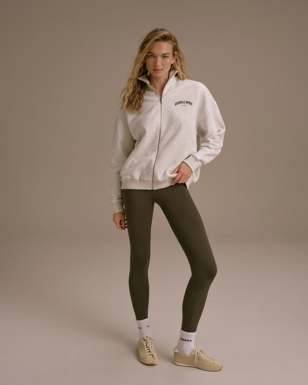 AS Oversized Full Zip Funnel Neck Sweatshirt - Light Grey Melange/Dark Olive