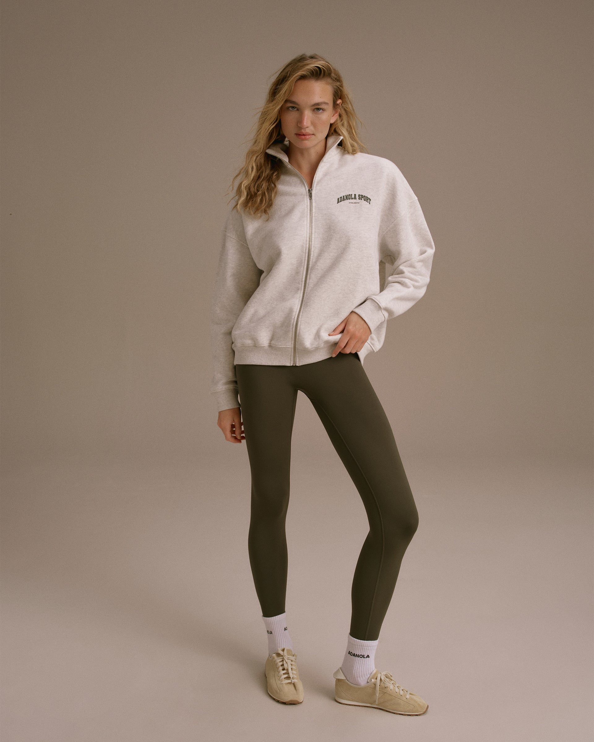 AS Oversized Full Zip Funnel Neck Sweatshirt - Light Grey Melange/Dark Olive