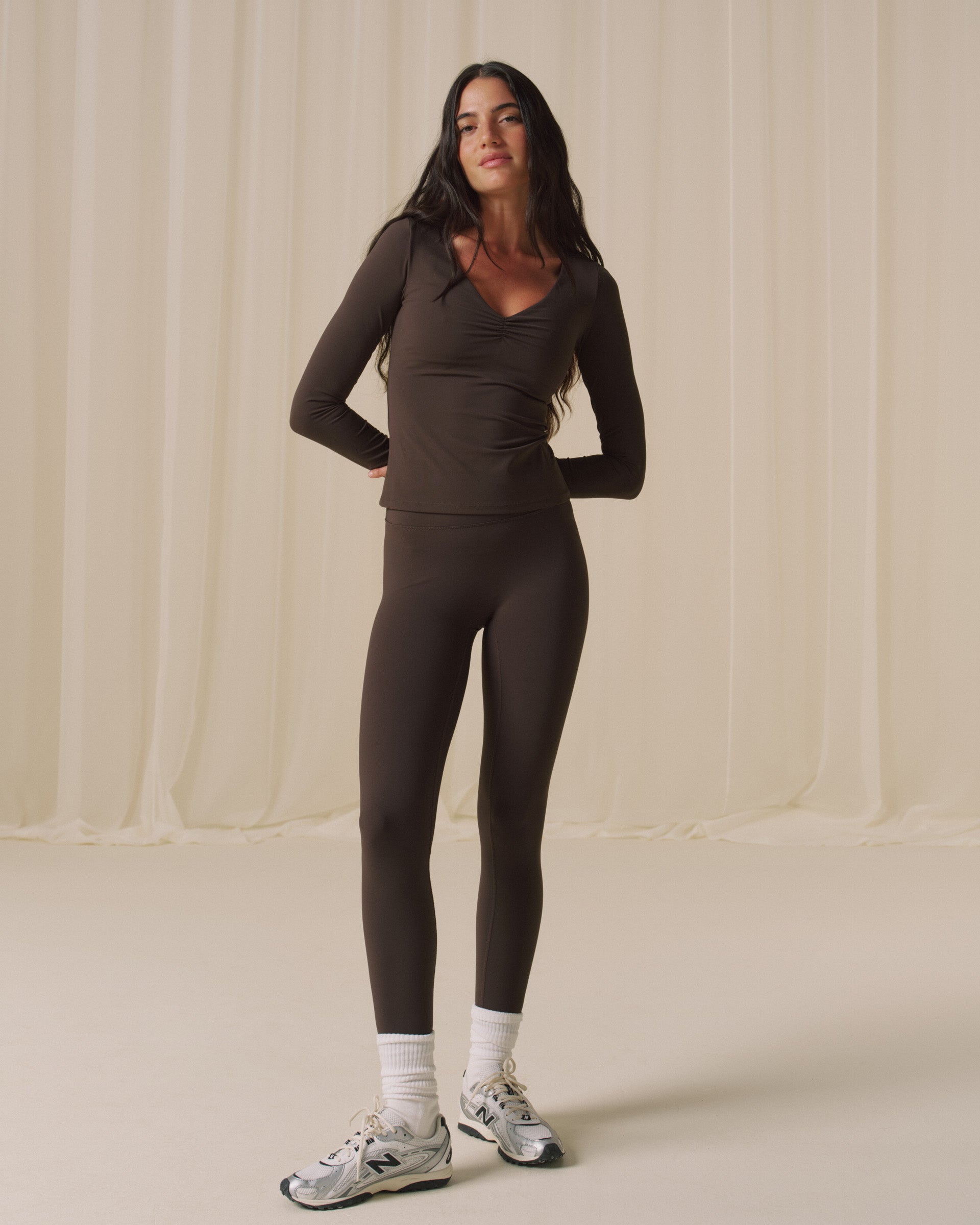 Ultimate Ruched Front Long Sleeve Top - Coffee Bean