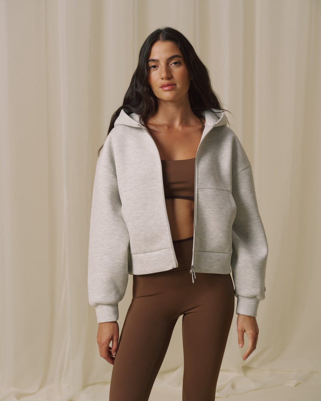Bonded Zip Through Hoodie - Light Grey Melange