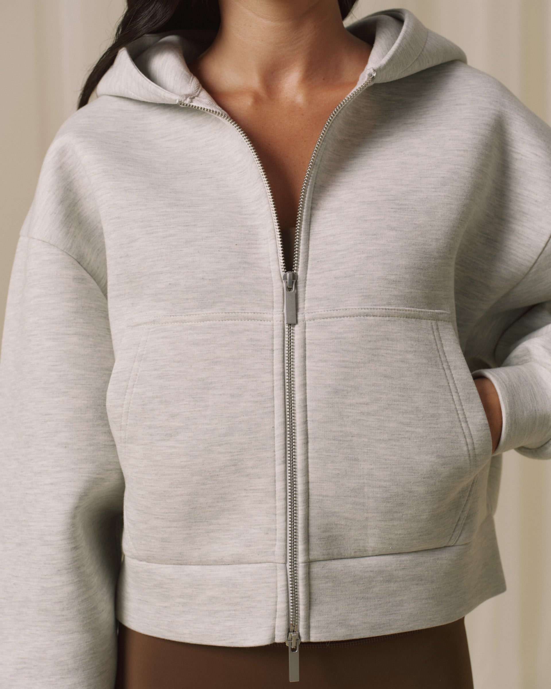 Bonded Zip Through Hoodie - Light Grey Melange