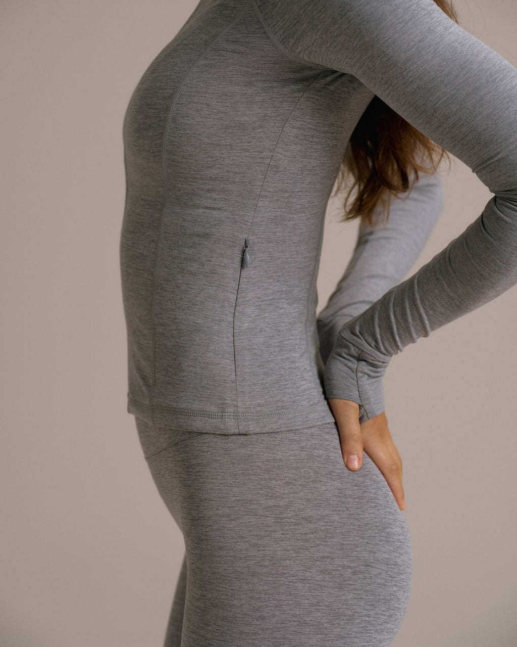 Brushed Long Sleeve Zip Up Top - Dark Grey Melange