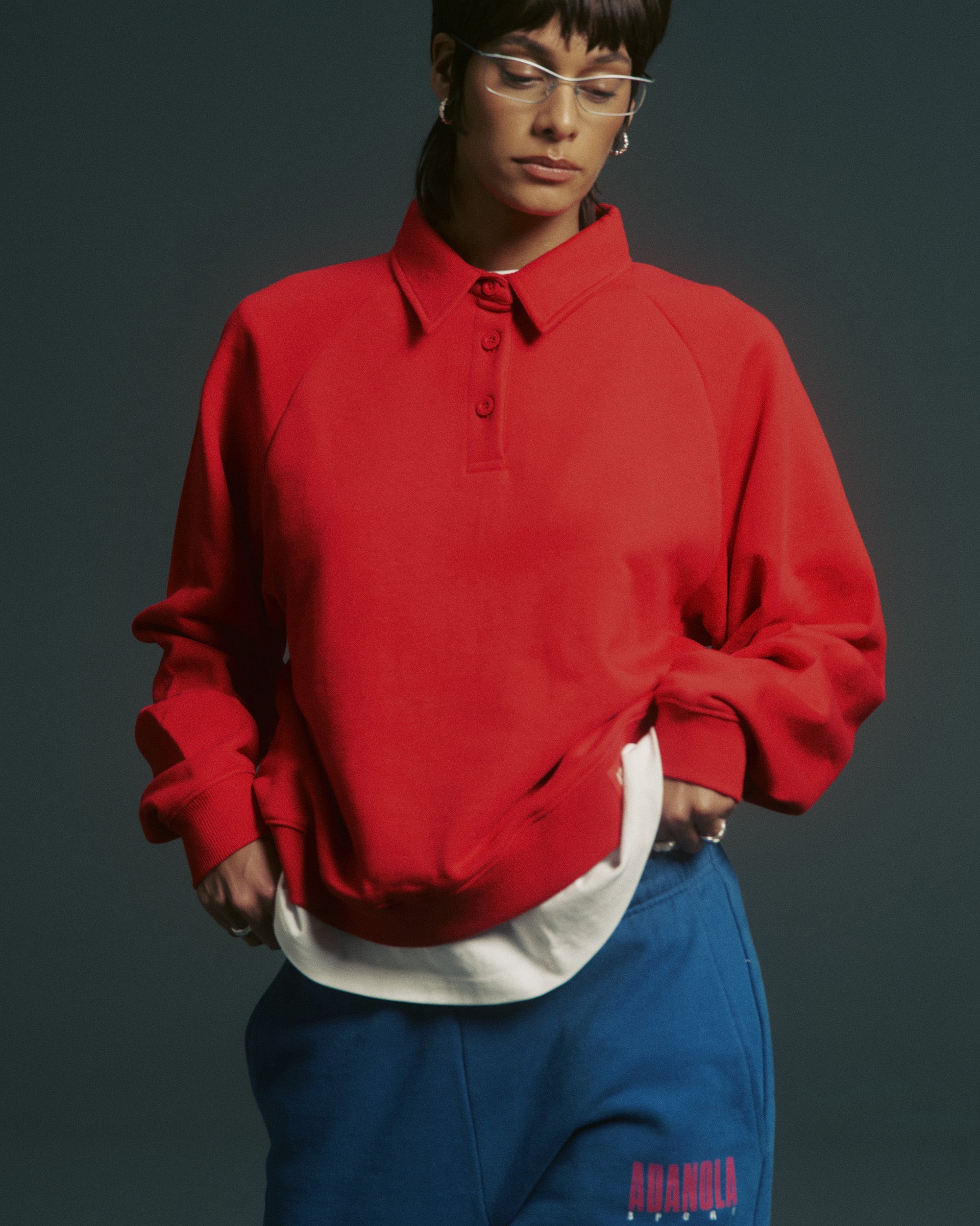 Raglan Polo Sweatshirt - Classic Red