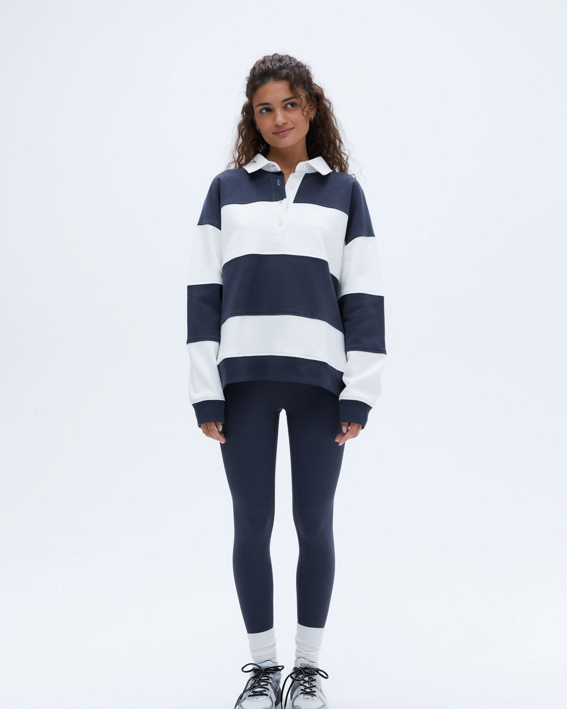 Stripe Oversized Henley Sweatshirt - Midnight Blue/Marshmallow White