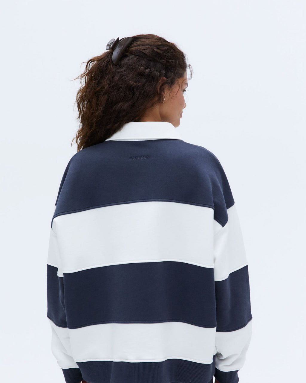Stripe Oversized Henley Sweatshirt - Midnight Blue/Marshmallow White